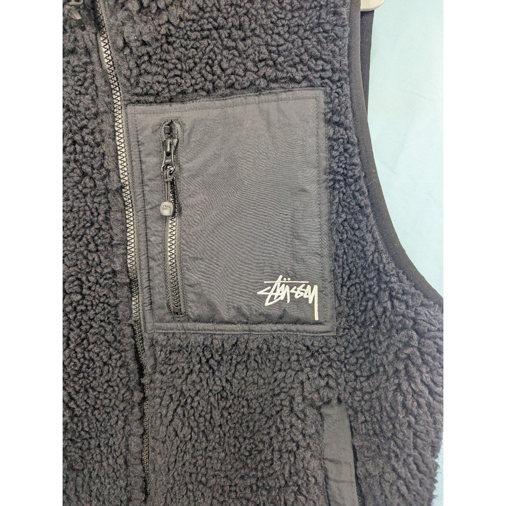 Stussy UNISEX Reversible Sherpa Black Fleece Zip Up Vest Pockets Logo Size Small - Picture 2 of 7